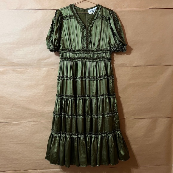 JessaKae x The Food Nanny Liz Dress Satin Ruffle Tiered Midi Dress Green Size XL - Picture 1 of 13
